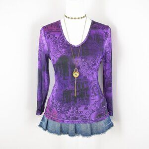 VTG 00s Y2K Guess Purple & Black Sheer Mesh Collage Graphic 3/4 Sleeve Top Sz M